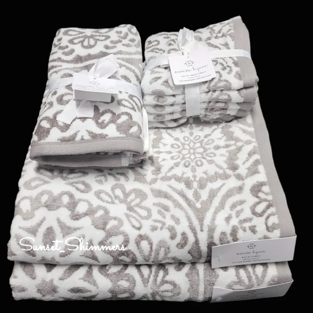 9pc Nanette Lapore Christmas Snowflake Damask Bath Hand Washcloth Towel Set New